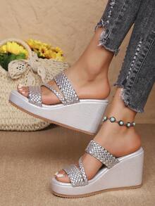Women's New Chunky Block Heel Open Toe Criss-Cross Strap Sandals, Pointed Toe Platform Style, Versatile - Silver - View 2