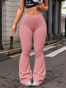 Pantalones deportivos de cintura alta y de campana para mujer talla grande, pantalones de compresión de unicolor para yoga, running y entrenamiento