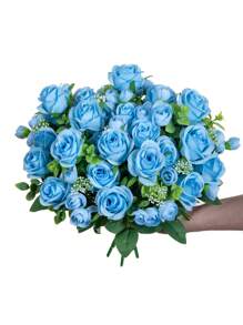 2Pcs/1Pc/Bunch Artificial Roses Flowers 13" Plastic Eucalyptus Bouquet Autumn Decorations Blue Artificial Flower Fake Plants Valentine's Day Vase For Home Wedding Decor Outdoor Garden Wedding Bouquet Living Room DIY Garland Household Products
