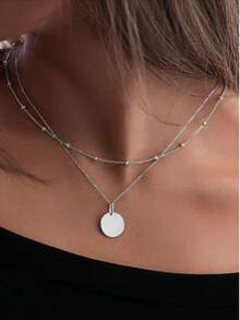 1pc Double Layer Circle Pendant Necklace (Random Number Of Beads) - Silver - View 1