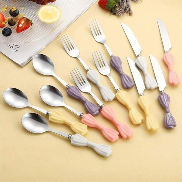 Juego de cubertería de 6 piezas con estilo escandinavo, incluye cuchillo de mantequilla, cuchillo de filete, tenedor, cuchara con mango de cerámica y cubertería de acero inoxidable 304 de alta gama. Apto para reuniones familiares, fiestas de hotel y San Valentín.