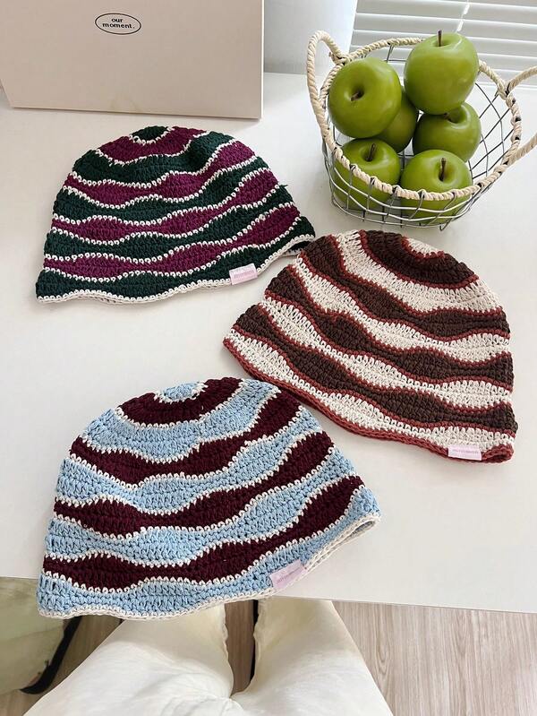 1 pezzo Cappello vintage a righe lavorato a mano, cappello da secchio traforato e colorato per donne in autunno/inverno, dall'atmosfera vintage, versatile e caldo cappello in lana lavorato a maglia