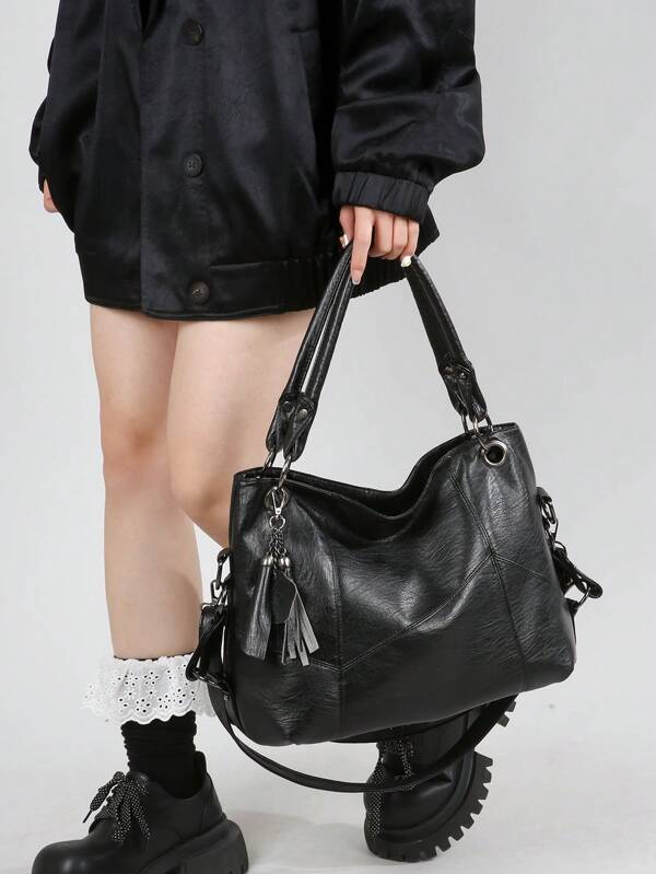 Women's New Tote Handbag Shoulder Bag Soft Leather Tassel Decor Large Capacity Satchel Bag, All Season