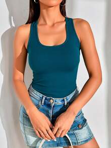 Camiseta de tirante ancho casual para mujer, tela de poliéster y elastano, ideal para temporadas de primavera y verano. Diseño ajustado, cuello redondo, sin manga, muy ligera y cómoda. - Agua verde azul - Ver 2