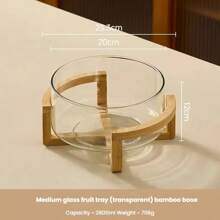 1 pieza Frutero de vidrio con base de bambú, plato para aperitivos para la sala de estar, frutero para el hogar, tazón para ensalada, tazón de bufé para restaurante, apto para el hogar, restaurante, hotel