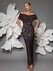 Off Shoulder Handmade Beaded Bodycon Bandage Dress, Sexy & Fitted, Suitable For Family Gatherings, Parties, Formal Events - Coffee Brown - View 6