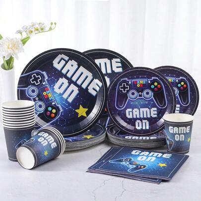 Game Controller Disposable Plates & Napkins Set, 7/9 Inch Game Controller Disposable Plate Napkin Cup Set, Dark Blue Game Controller Disposable Paper Plates Napkins Cups For Party, Suitable For Game Controller Theme Party Decorations And Party Supplies