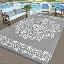 New-  Waterproof Outdoor Rug 6x9, Reversible Plastic Straw Patio Camping Rug, Indoor Outdoor RV Mat Carpet For Deck, Camper, Porch, Balcony, Backyard, Picnic, Floral Grey - 花卉灰色 6 X 9 - 查看 3