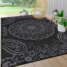 New-  Waterproof Outdoor Rug 6x9, Reversible Plastic Straw Patio Camping Rug, Indoor Outdoor RV Mat Carpet For Deck, Camper, Porch, Balcony, Backyard, Picnic, Boho Black Grey - 波希米亞黑灰色 6 X 9 - 查看 1
