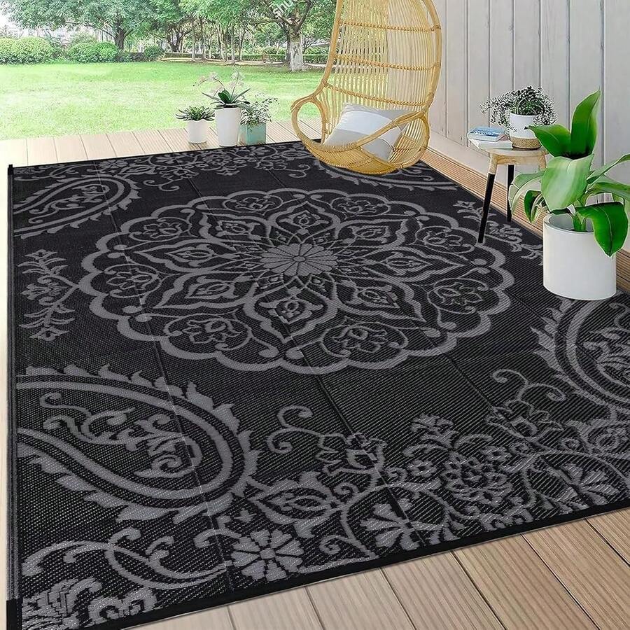 New- Waterproof Outdoor Rug 6x9, Reversible Plastic Straw Patio Camping Rug, Indoor Outdoor RV Mat Carpet For Deck, Camper, Porch, Balcony, Backyard, Picnic, Boho Black Grey - 波希米亞黑灰色 6 X 9 - 查看 1