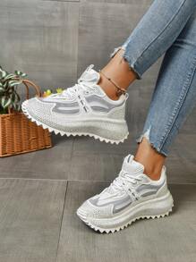 Women's Colorblock Mesh Breathable Anti-Slip Rhinestone Platform Cleated Sole Sneakers, Unique Design Element, Casual Sports Shoes, Fashion & Comfortable, Versatile, Suitable For All Seasons, Retro Sporty Style