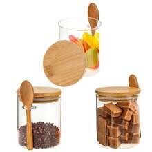 1pc - Glass Airtight Container, Sugar Jar, Spice Jar, Food Storage, With Wooden Lid And Spoon, Transparent Storage Jar With Wooden Lid And Spoon, Leaf Jar, Coffee Jar, Spice Jar, Airtight, Coffee, Tea, Candy, Special Purpose, Airtight Glass Kitchen Jar, Airtight Food Storage Jar, Various Cereals And Snacks - Multicolor - View 3