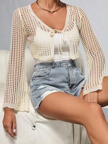 Plus Size Solid Color Short Hollow Out Knitted Cardigan - Apricot - View 8