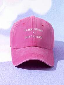 Unisex Embroidered 'THICK THIGHSxTHIN PATIENCE' Washed Baseball Cap, Outdoor Adjustable Leisure Hat - Hot Pink - View 1