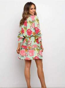 1pc Women's Floral Print Round Neck 3/4 Sleeve Double Layer Ruffle Waist Tie Short Dress, Bohemian Dress, Hawaiian Style, Graduation Party, Concert