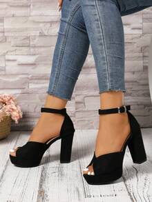 Women's Summer New Chunky Heel Strap Buckle Sandals, Fashion Sexy High Platform T-Stage Super High Heel Open Toe Black Suede Pumps - Black - View 7