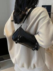 1 件 Y2K 风格甜美摩托车铆钉装饰简约单肩包，便携式手提包，适合女孩购物、街头风格、摩托车和日常使用 - 黑色 - 查看 6