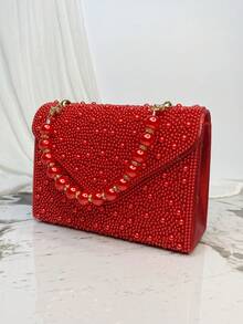 Bolso de mano de perlas para mujer, bolso de embrague formal de moda para fiestas de noche, bodas - Rojo - Ver 8