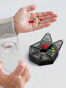 1pc 7-Grid Pill Box, Mini Portable Travel Medicine Storage Container, Multi-Functional Plastic Sealed Compartment Box With 7 Medication Dividers, Suitable For Tablets, Vitamins And Supplements, Easy To Carry For Travel, Can Also Be Used For Jewelry And Small Items, Each Round Lid Has Labeled Wording.