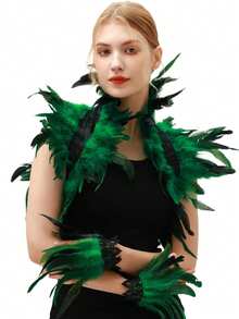 羽毛披肩和羽毛腕袖套装，羽毛披肩服装羽毛耸肩披肩万圣节服装领子哥特式维多利亚风格适合万圣节、狂欢节、朋克派对、化妆舞会 - 彩色 - 查看 7