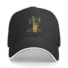 Printed Music Notes Treble Clef Saxophonist Jazz Musician Saxophone Sandwich Baseball Cap - Adjustable Washed Dad Hat - Breathable, Lightweight & Durable - Unisex Outdoor Sports Trucker Hat & Casual Wear Fisherman Hat - Black - View 1