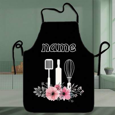 1pc Customizable Mother's Day Kitchen Apron - Personalized Name/Text, Floral And Kitchen Utensil Designs, Durable Polyester, Suitable For Cooking, Baking, Gardening, Home Decor, A Lovely Gift Apron