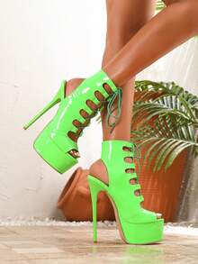 女式 16 厘米超高跟系带露趾细高跟性感正装靴，尺码 35-42，绿色 - 綠色 - 查看 3