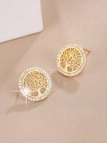 1pair Classic Round Hoop Earrings With Tree Shaped Zirconia Inlay, Suitable For Women's Daily Wear - Gold - View 2