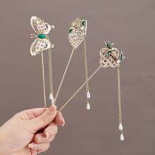 1pc Vintage Chinese Character & Butterfly Decorative Folding Fan Hair Clip, New Chinese Style Peony Tassel Hairpin, Elegant Classical Hair Accessory