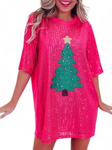 Vestido corto de camiseta de mujer de Navidad con patrón de árbol de Navidad de lentejuelas, de manga corta, cuello redondo y holgado