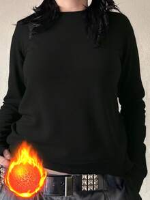 （秋冬）女士时尚跑步、健身、旅行、户外露营加厚保暖卫衣，时尚休闲运动保暖圆领卫衣，经典纯色通勤长袖卫衣，送给女朋友的最佳礼物 - 黑色 - 查看 6