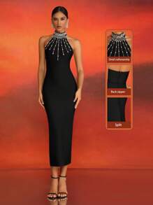 Luxury Handmade Rhinestone Embellished Sleeveless Black Bandage Slit Evening Dress For Women, Elegant Formal Prom Dress, For Wedding Guest, Graduation, Dinner