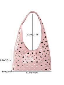 Borsa grande da donna per la primavera/estate, borsa per mamme, colore unito, decorata con borchie in stile motociclistico in PU, a forma di mezza luna, adatta per l'ufficio e lo stile casual, di stile coreano, regalo per la Festa della Mamma, borsa a tracolla, estiva, durevole, multifunzionale, con cerniera, adatta per viaggi di lavoro, grande capacità