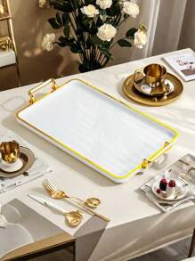1pc Elegant Gold-Rimmed PS Plastic Tray Set - Multipurpose Rectangular Trays Suitable For Kitchen, Dining Room, Living Room - Great For Tea, Snacks, Candy, Bread - Perfect For Weddings, Gifts, Birthday Events