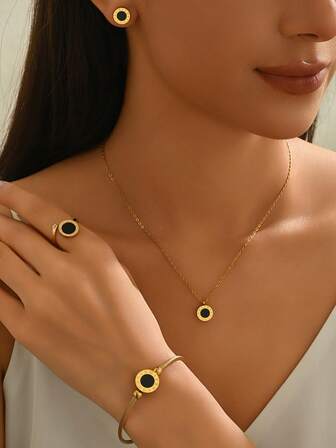 Juego de 5 piezas de joyas de acero inoxidable con estilo europeo y americano, incluyendo pulsera, anillo, collar y aretes, para uso diario de moda