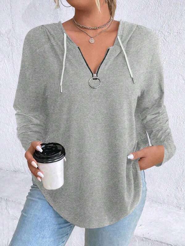 Plus Size Women Elegant Solid Color Zip-Up Hooded Sweatshirt, Autumn/Winter