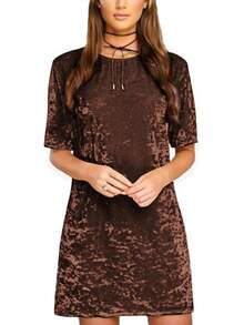 Women's Summer Short Sleeve Crushed Velvet Short Dresses - Brown - View 4
