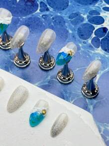 10 Unhas Curtas em Formato de Amêndoa, Design Romântico de Oceano, Estrela-do-mar 3D, Ondas de Oceano Simuladas, Unhas Clássicas Feitas por Mulheres e Meninas, com 1 Gel e 1 Lixa