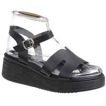 Sandálias femininas pretas de sola grossa, com peito do pé largo e vazado e tira no tornozelo - Estilo urbano casual de verão. - Preto - Ver 1