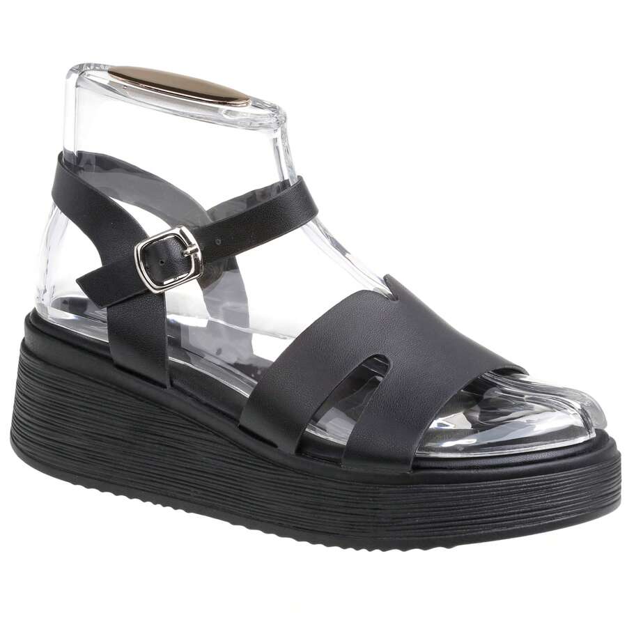 Sandálias femininas pretas de sola grossa, com peito do pé largo e vazado e tira no tornozelo - Estilo urbano casual de verão. - Preto - Ver 1
