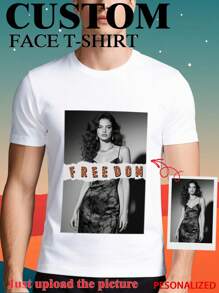 Custom Valentine's Day Men's Round Neck T-Shirts, Personalized Short Sleeve Tees For Him, Quick-Dry Breathable Fabric Custom T-Shirts, Funny Face Printed Casual Tops, Anniversary/Birthday/Wedding Gift, Ideal For Boyfriend Husband Best Friend - Colorful/Cute/Adorable/Stylish/Personalized Designs, Lightweight Summer Wear, Gym Travel Daily Gift