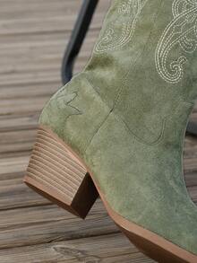 Women's Fashion Slope Heel Embroidered Side Zipper Fashion Show Western High Boots - 綠色 - 查看 6