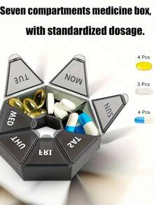 1pc 7-Grid Pill Box, Mini Portable Travel Medicine Storage Container, Multi-Functional Plastic Sealed Compartment Box With 7 Medication Dividers, Suitable For Tablets, Vitamins And Supplements, Easy To Carry For Travel, Can Also Be Used For Jewelry And Small Items, Each Round Lid Has Labeled Wording.