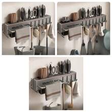 Wandmontierter Messerhalter & Utensilien Organizer - platzsparender Küchen-Aufbewahrungsständer mit Haken für Messer, Schneidbretter, Spatel, Schneebesen und Kochutensilien - stabiles schwarzes Metall, modernes Design, hält Arbeitsplatte aufgeräumt und effizient | Zeitgenössische Heimdekoration | Sicher an der Wand montiert, Küchen-Aufbewahrung & Organizer-Tool