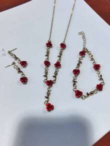 1pc Necklace + 1pc Bracelet + 2pcs Earrings Jewelry Set, Vintage Rhinestone Rose Flower Pendant Necklace, Bracelet And Earrings Set, Suitable For Women Wearing In Red And Blue Rose Design - Red Rose Jewelry Set - View 3