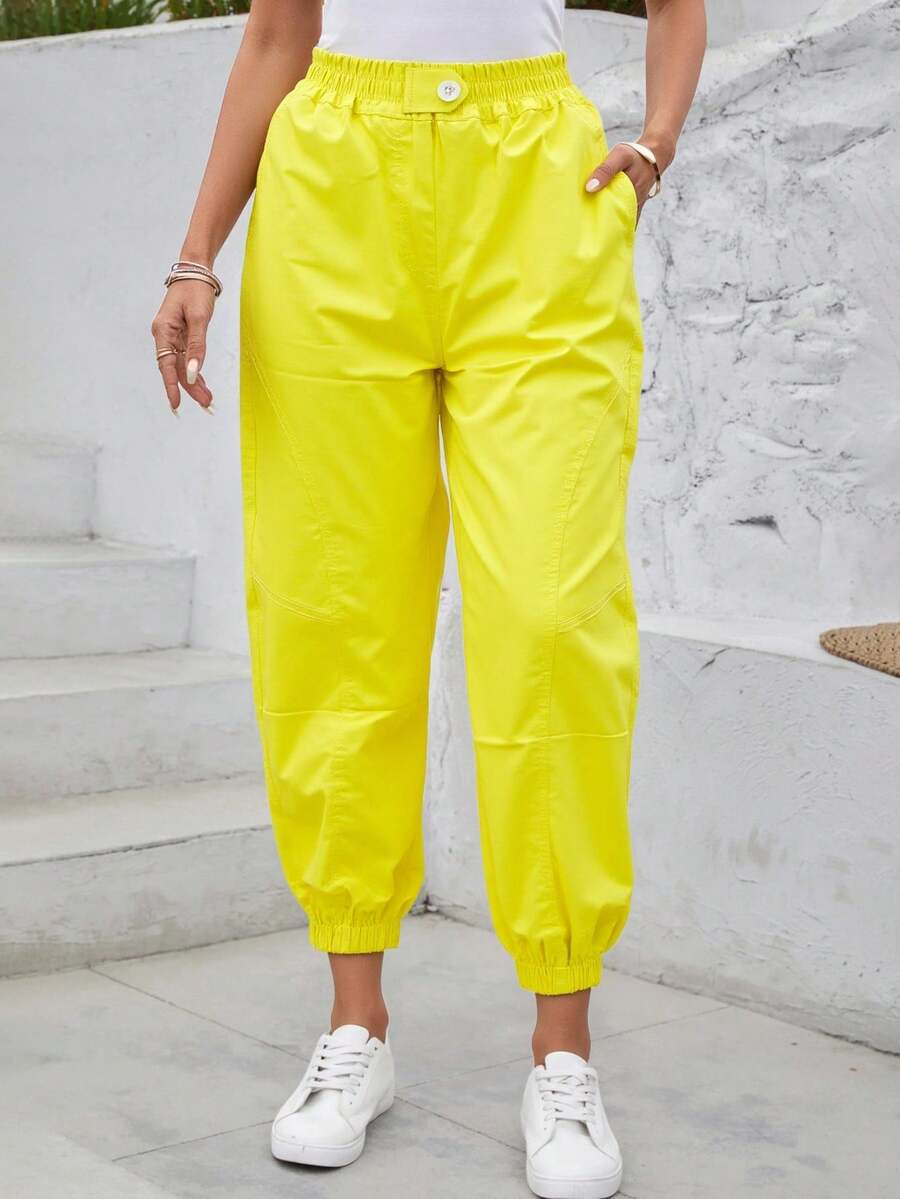 Mujeres punch tela escalada alpinismo tapered pantalones bolsillos impermeable pantalones de chándal - Amarillo - Ver 1