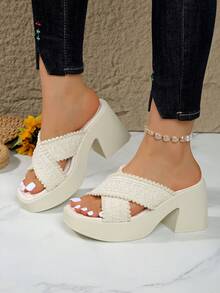 Thick Sole Slide Sandals For Women, Open Toe Chunky High Heel Slippers, Summer New Arrival - Beige - View 5