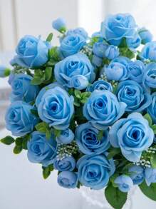 2Pcs/1Pc/Bunch Artificial Roses Flowers 13" Plastic Eucalyptus Bouquet Autumn Decorations Blue Artificial Flower Fake Plants Valentine's Day Vase For Home Wedding Decor Outdoor Garden Wedding Bouquet Living Room DIY Garland Household Products