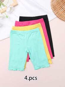 4pcs Kids Versatile Solid Color Milk Silk Material Cute Frill Trim 3/4 Length Shorts - Multicolor - View 1