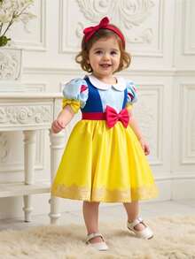 女婴黄色泡泡袖公主蓬蓬裙，适合派对穿着 - 黃色 - 查看 5